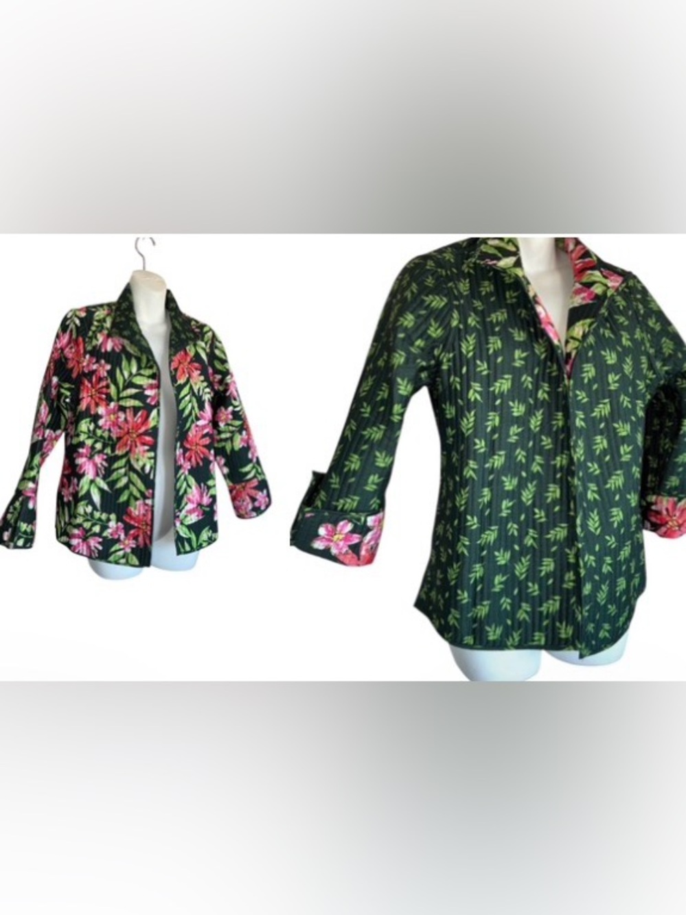 APPLESEED'S Reversible Jacket, Floral, Dark Green with Pink Red, Quilted. PM